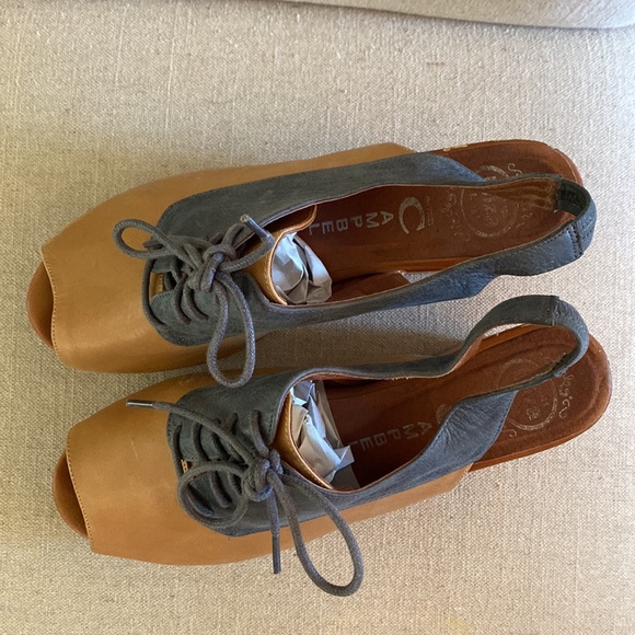 Jeffrey Campbell Leather Two Tone Lace Up Wedges Blue Tan Size 7 - Picture 4 of 13